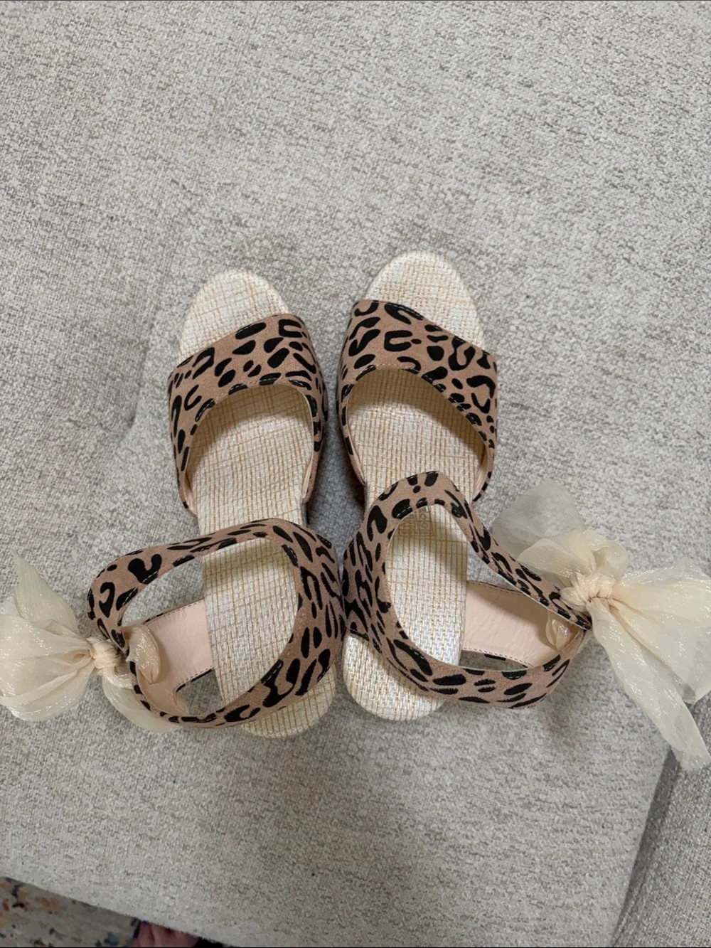 Leopard Print Wedge Sandals with Ivory Ribbon